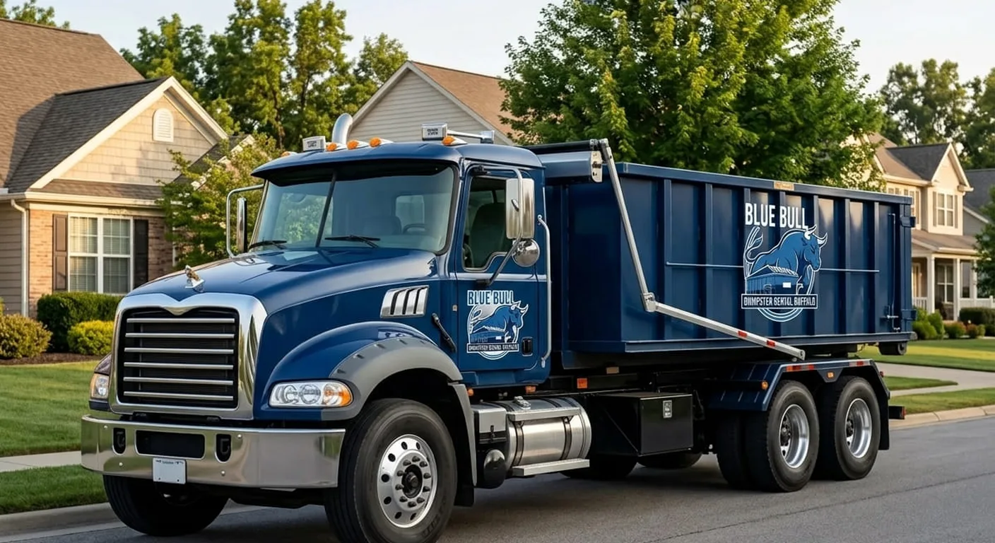 A Blue Bull dumpster on a delivery truck parked on a Buffalo, NY residential street, a good fit for mid-size cleanout projects