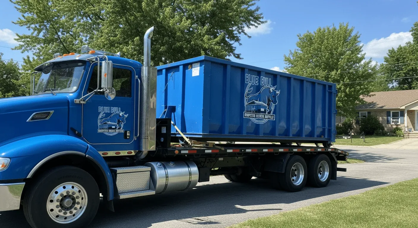 A Blue Bull roll-off dumpster on a flatbed truck parked on a tree-lined Buffalo, NY street, a popular mid-size option