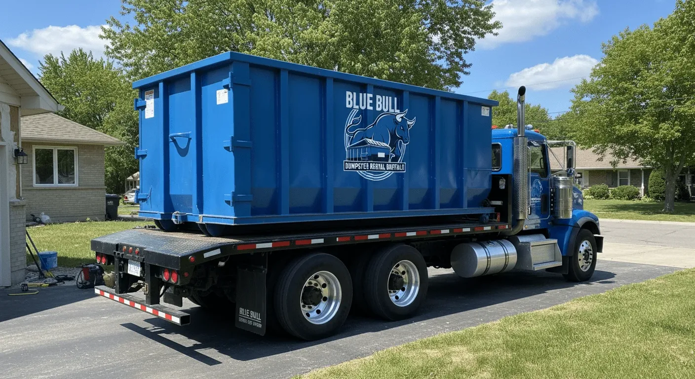 A larger Blue Bull roll-off dumpster loaded on a delivery truck in a Buffalo, NY driveway, suited for bigger projects