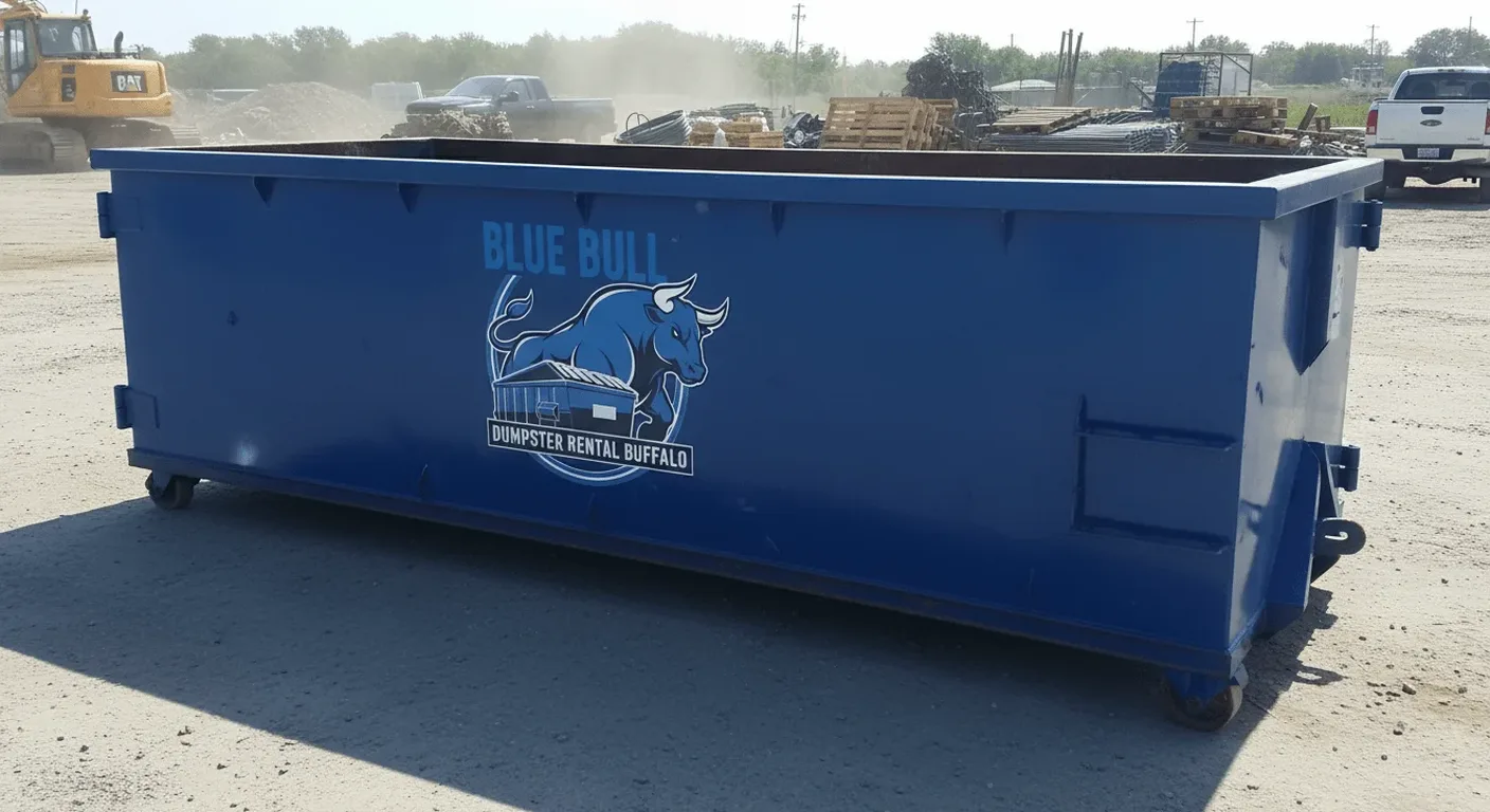 Commercial dumpster rental in Williamsville, NY A Blue Bull dumpster staged for a commercial project in Williamsville, NY