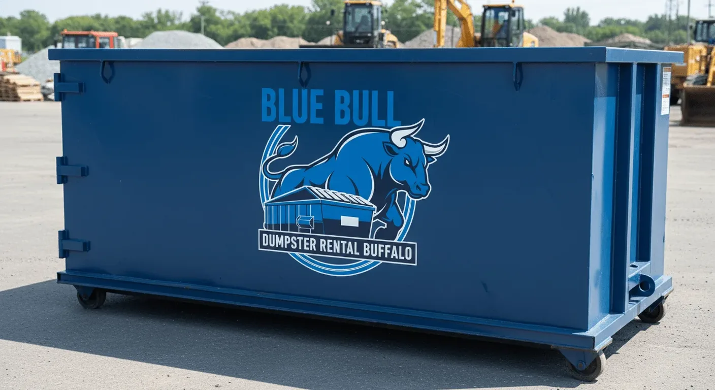 Concrete and heavy debris dumpster rental in Buffalo, NY An empty heavy-duty Blue Bull roll-off dumpster staged in a Buffalo, NY equipment yard with excavators and stockpiled material in the background, suited for concrete and heavy debris
