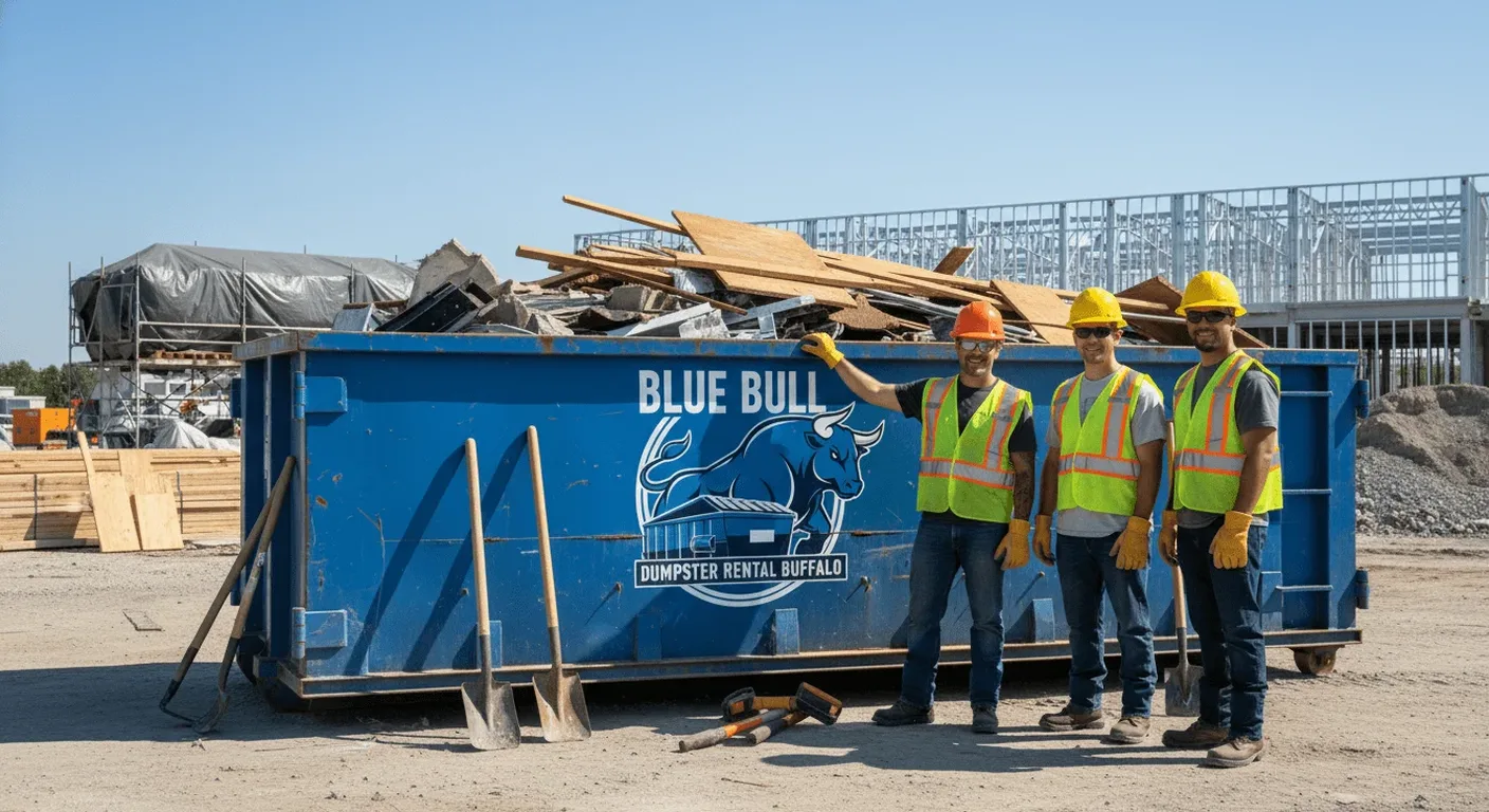 Construction dumpster rental in Lancaster, NY Blue Bull crew members with a roll-off dumpster at a construction site in Lancaster, NY