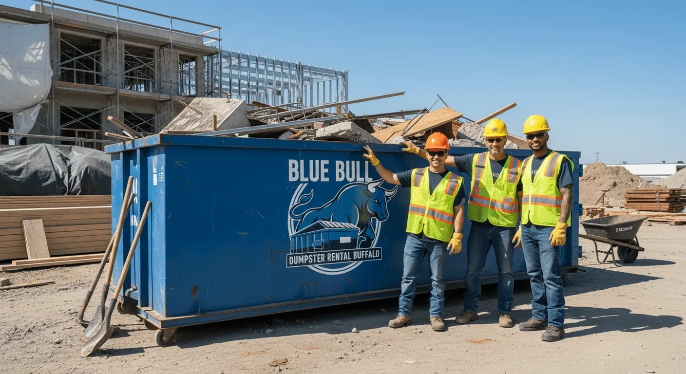 A Blue Bull crew of three posing beside a dumpster loaded with demolition debris at a Buffalo, NY building site under construction