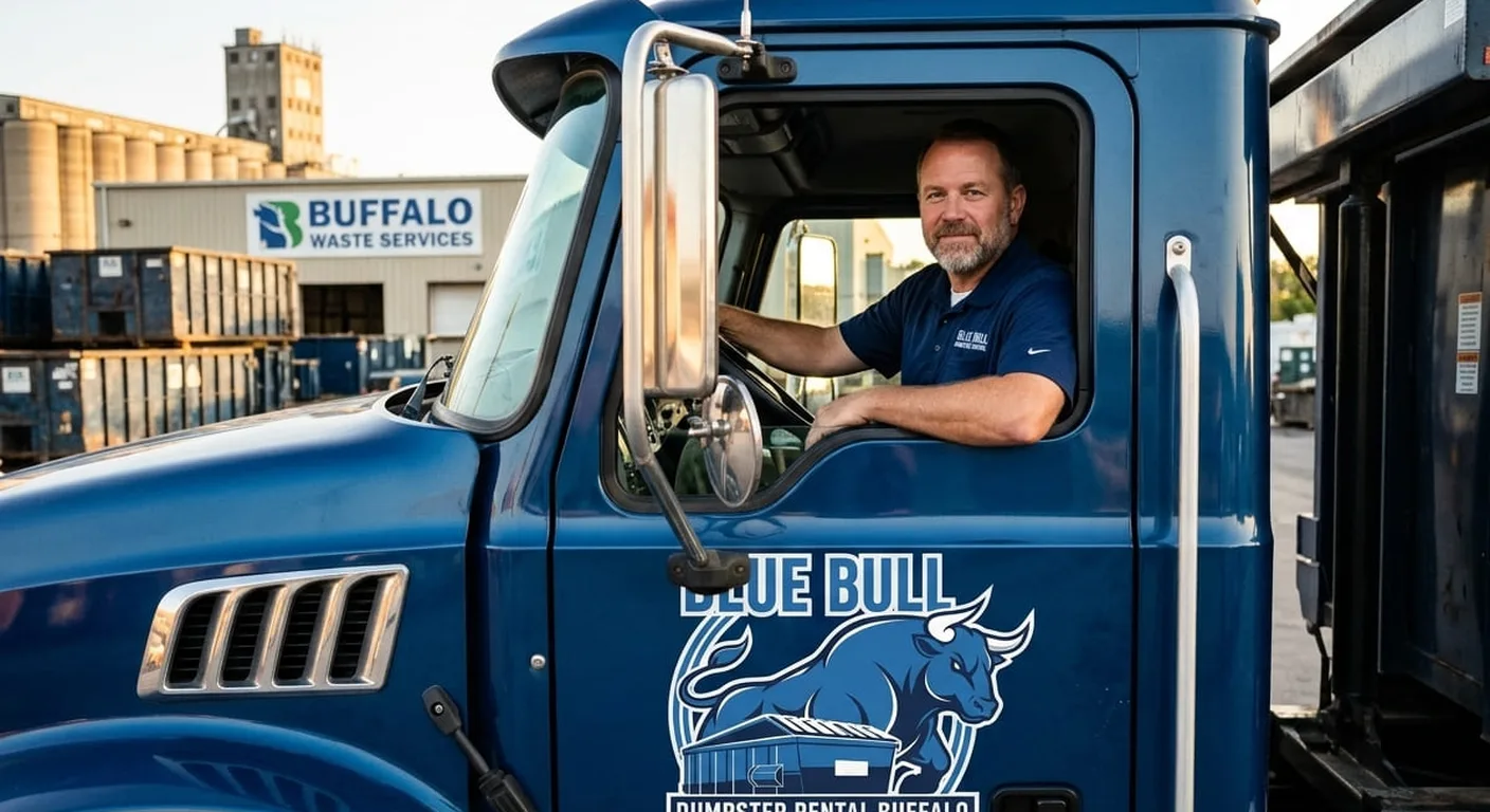 Dumpster delivery in Buffalo, NY A Blue Bull driver at the wheel of the delivery truck at the company yard in Buffalo, NY, with stacked dumpsters visible behind him
