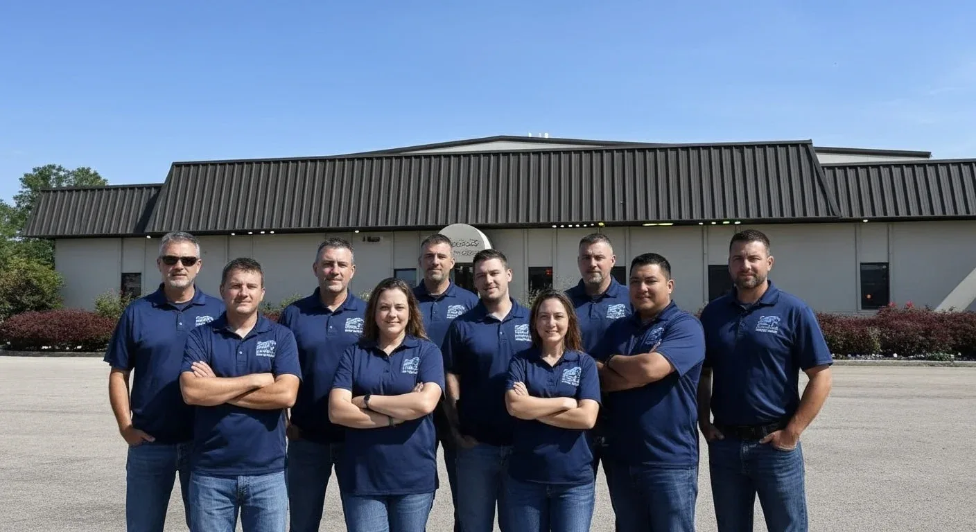 Blue Bull Dumpster Rental Buffalo team The Blue Bull Dumpster Rental Buffalo team of nine standing together outside the company facility in Buffalo, NY