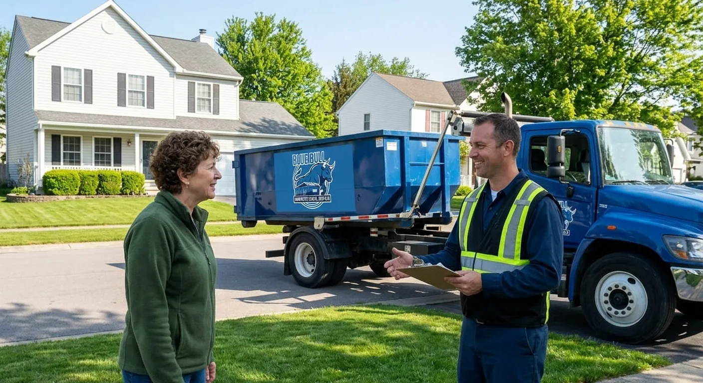 Dumpster rental consultation in Buffalo, NY A Blue Bull driver consulting with a homeowner in front of a delivered dumpster and truck on a Buffalo, NY street
