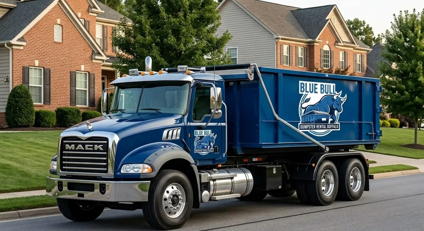 A Blue Bull dumpster truck parked on a residential Buffalo, NY street between brick homes, ready for an estate cleanout