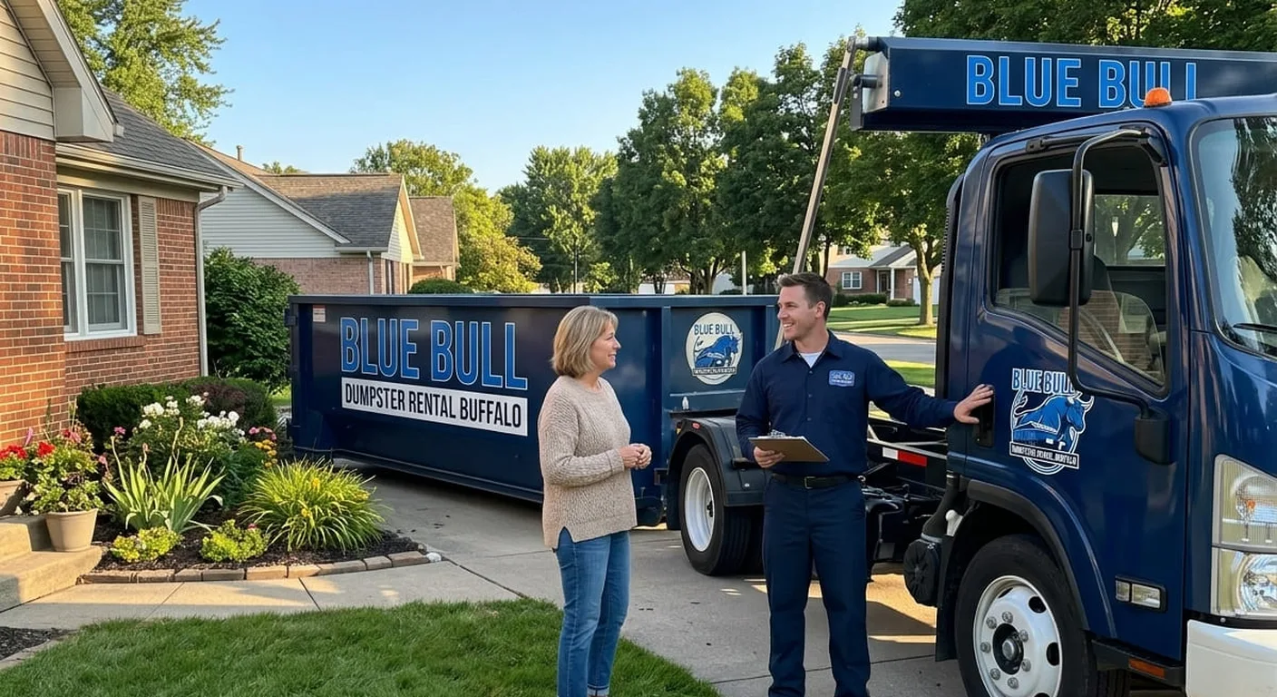 A Blue Bull driver going over drop-off details with a homeowner beside the delivered dumpster during a Buffalo, NY junk removal project