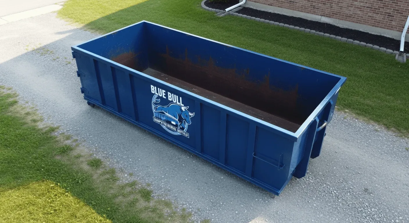An empty Blue Bull roll-off dumpster staged on a residential driveway next to a brick home in the Buffalo area