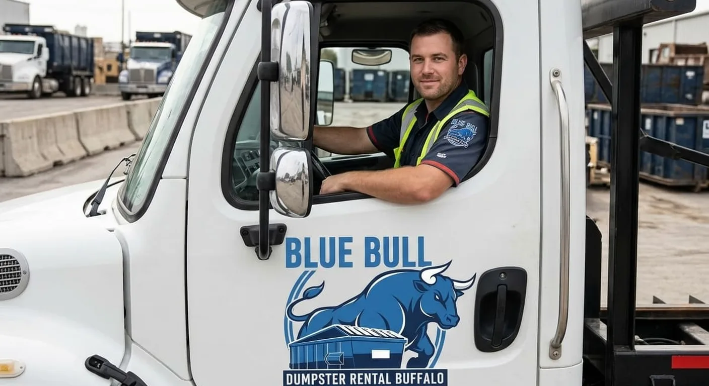A smiling Blue Bull driver in the cab of the delivery truck, ready to head out for a same-day dumpster drop-off in Buffalo, NY