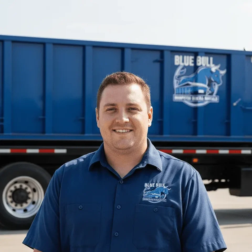 Tony Rivera — Lead Driver, Blue Bull Dumpster Rental Buffalo Tony Rivera, Lead Driver at Blue Bull Dumpster Rental Buffalo, headshot portrait in front of the delivery truck